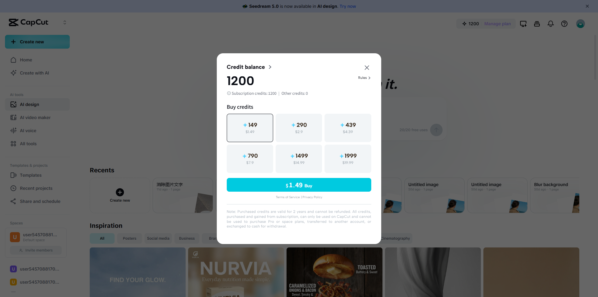 Purchase credits on CapCut Web