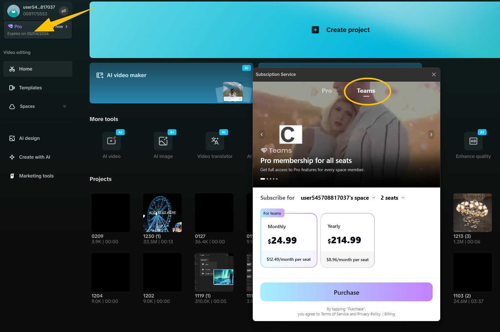 purchase Teams services on CapCut Desktop
