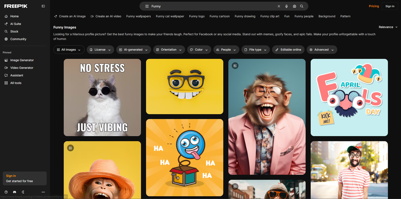Interface of Freepik - a site with funny images for Facebook profile
