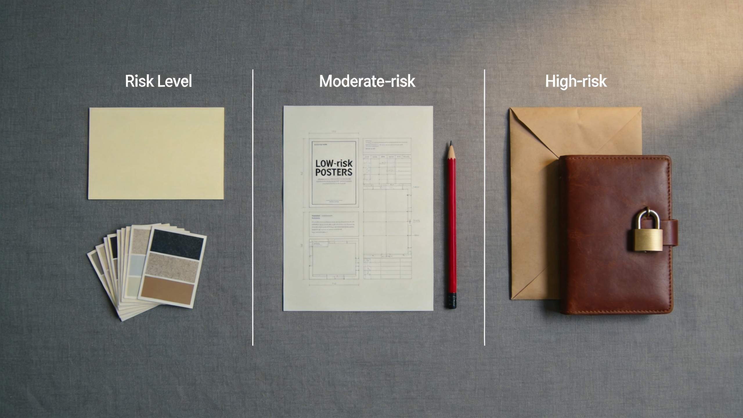 Three columns labeled risk level, moderate-risk, and high-risk with paper, pencil, and a locked wallet