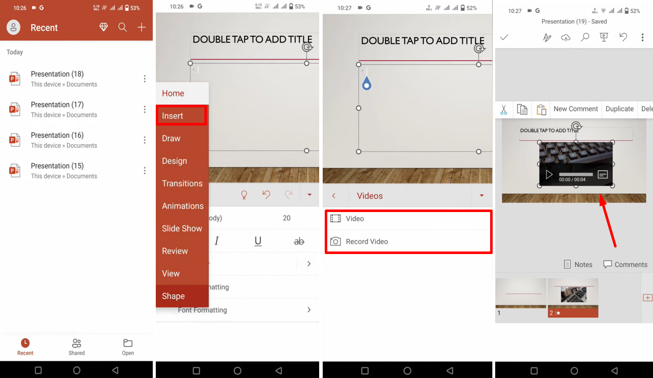 Afbeelding die laat zien hoe u een video in PowerPoint op een mobiele telefoon plaatst