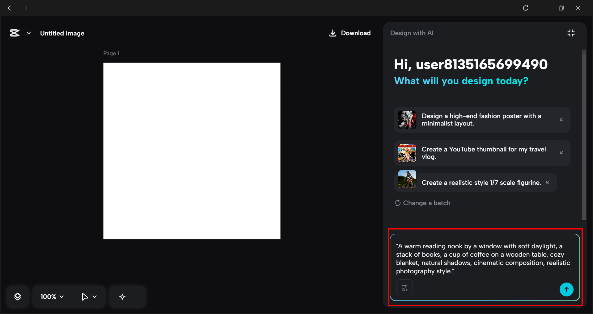 Writing prompt in the CapCut desktop video editor