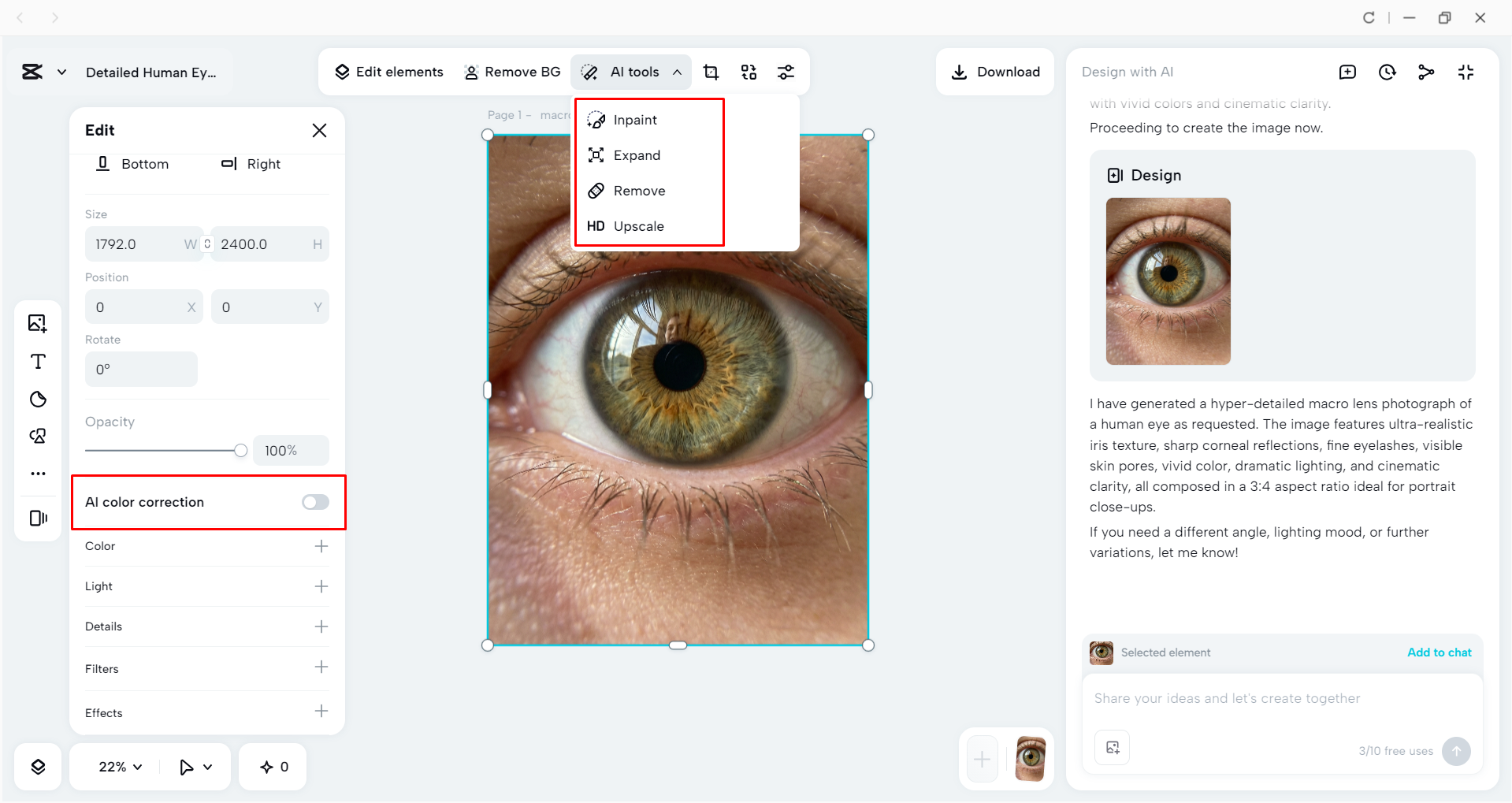 Correcting colors with AI in the CapCut desktop video editor
