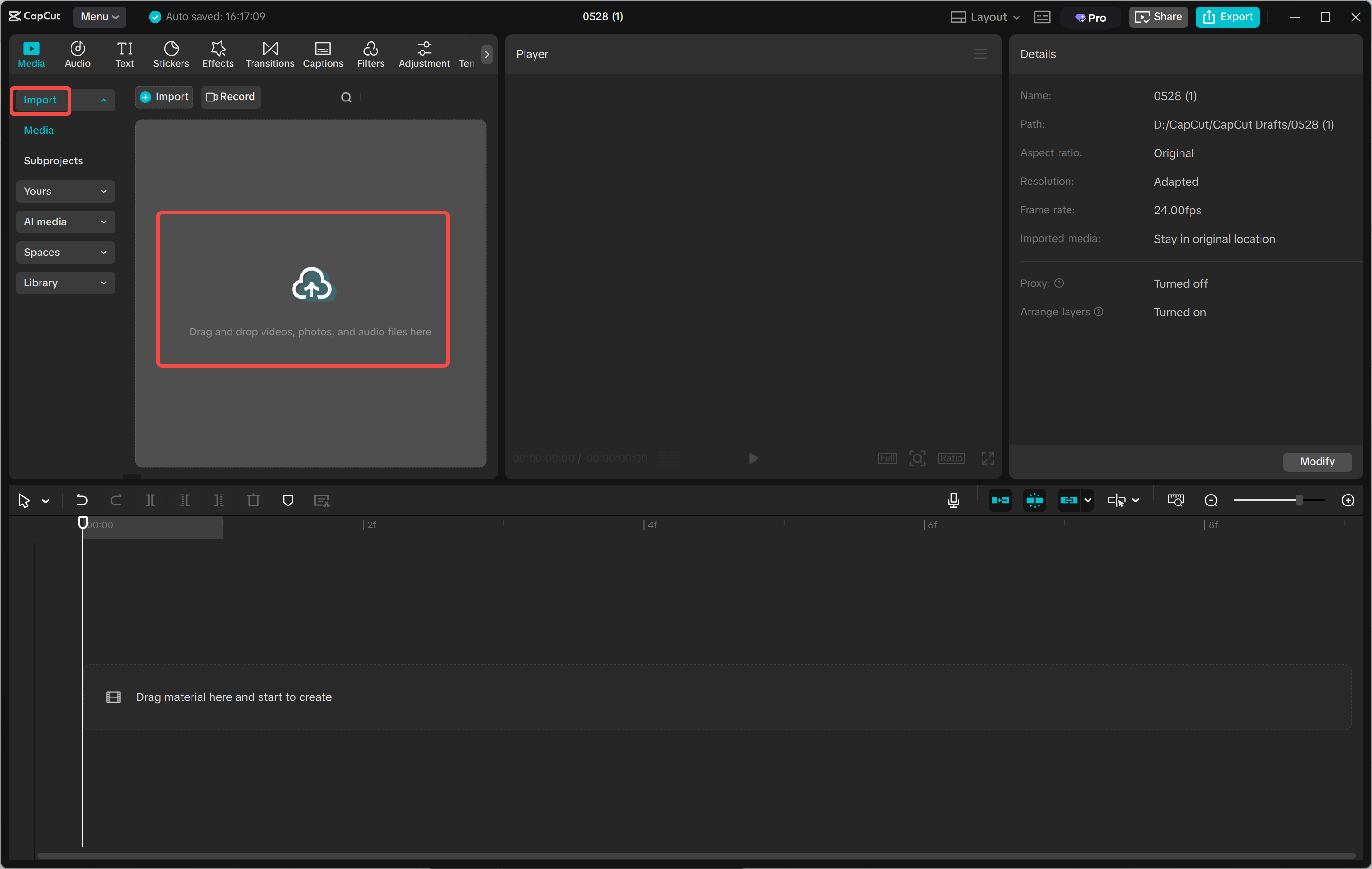 Importieren des Bildes in den CapCut Desktop-Video-Editor