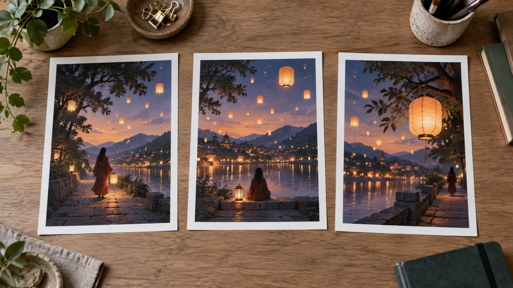 Three separate fictional lantern poster studies changing only the focal placement