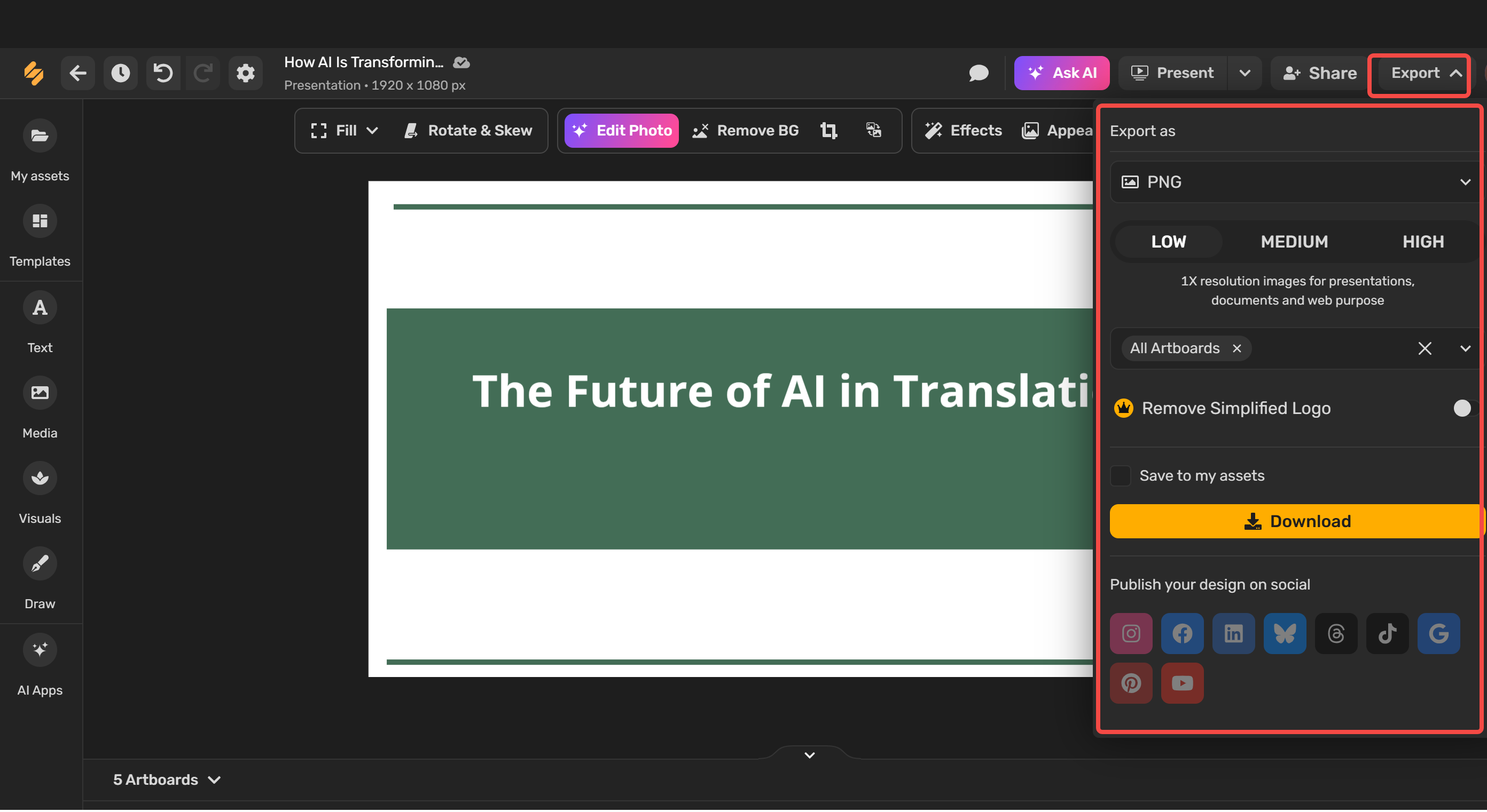Генерація слайдів за допомогою Simplified AI presentation maker