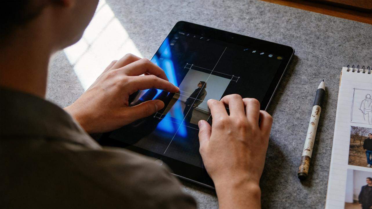 Person editing a photo on a tablet with crop guides on screen