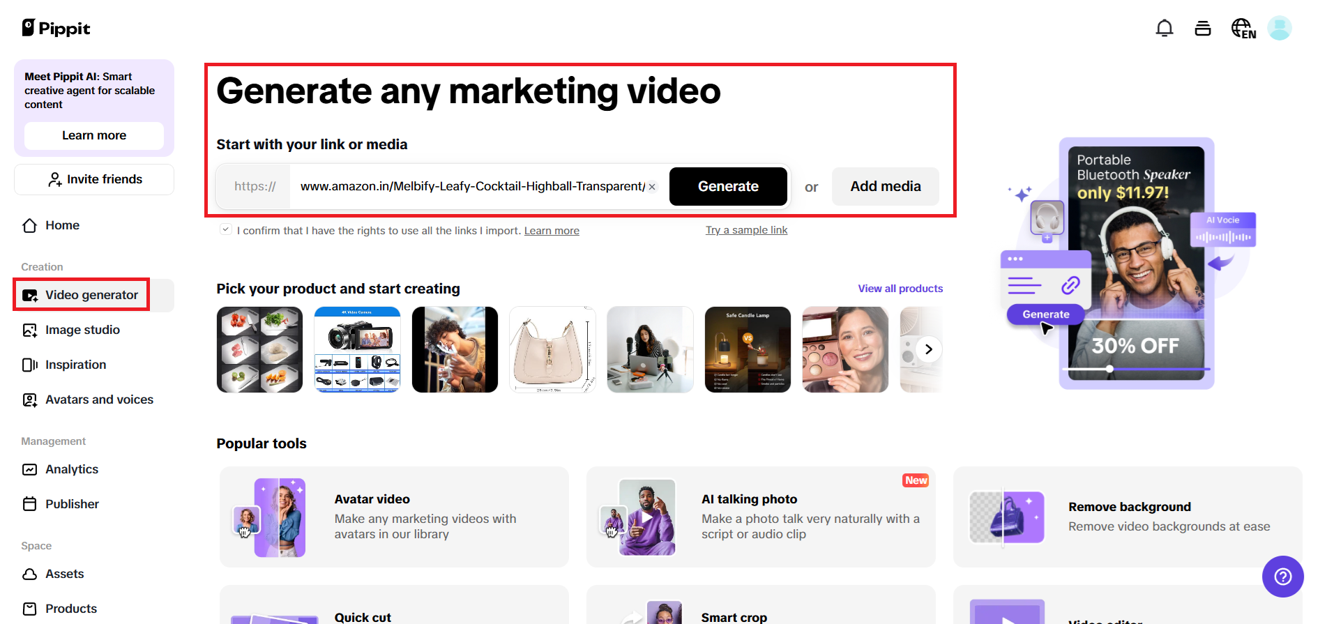 Entering either the product link or media and then hit on Generate