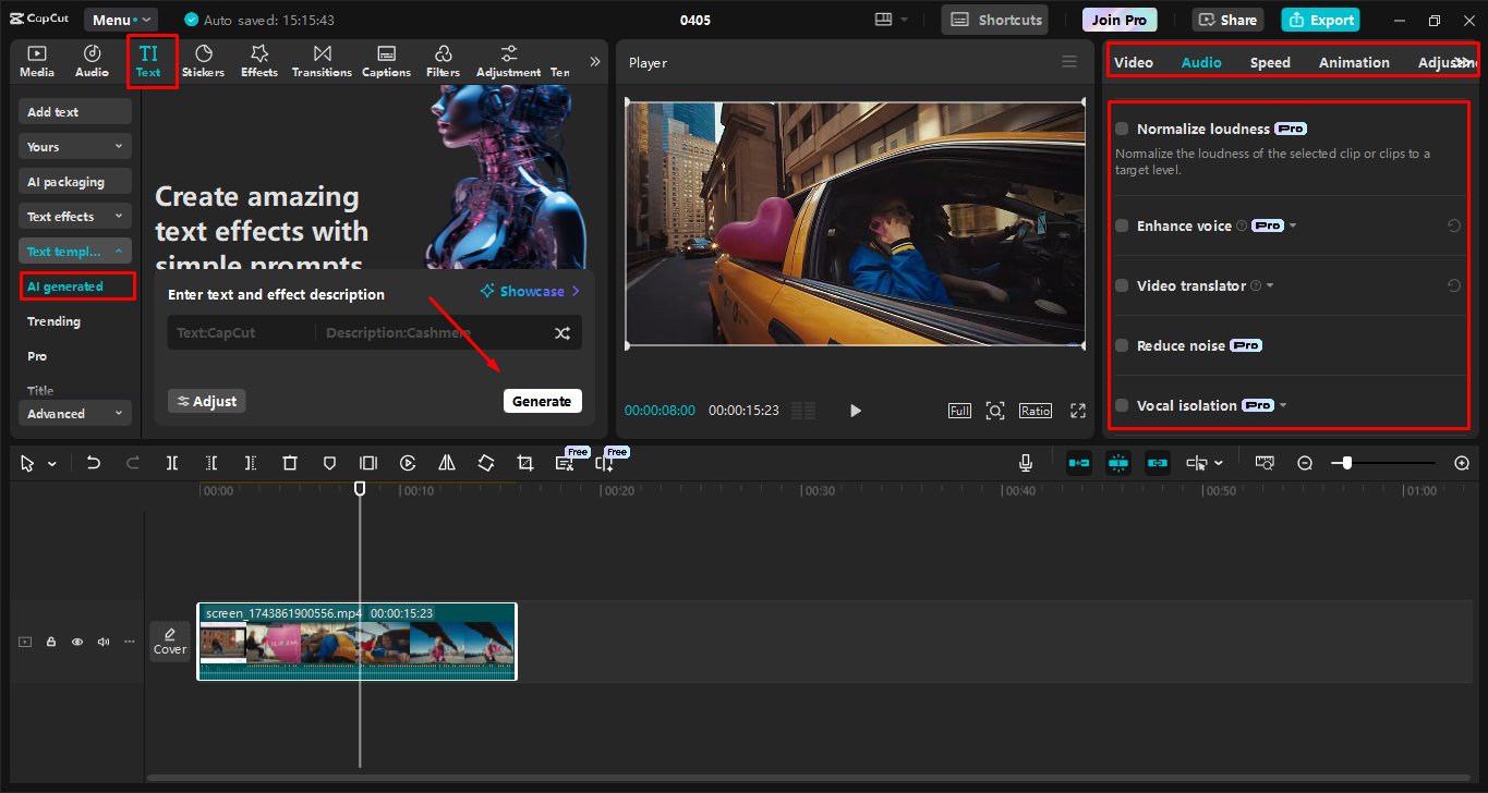 Editing the screen recording in the CapCut desktop video editor