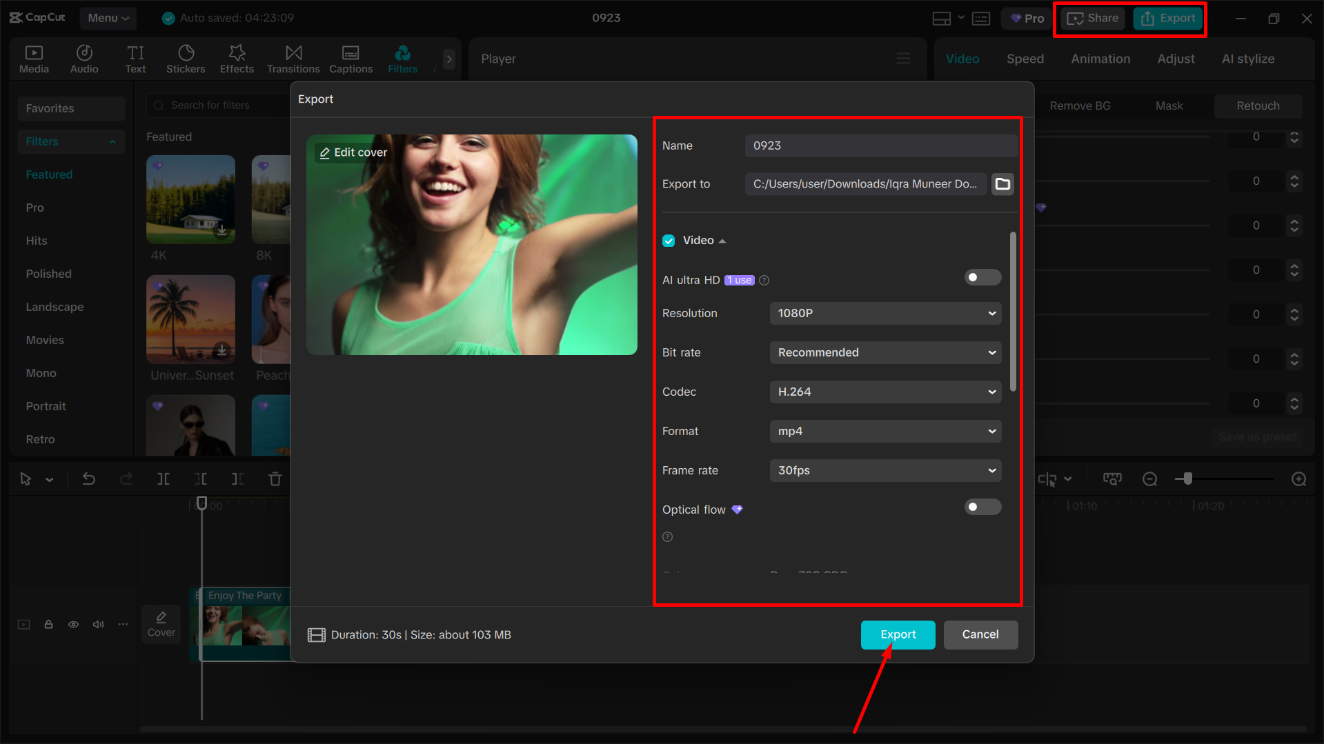 Esportazione dei media dall' CapCut editor video desktop