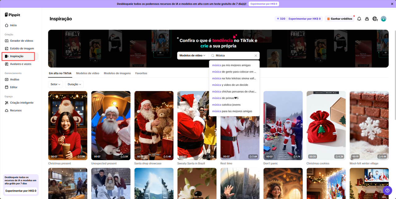 Seleção de templates no gerador de música com IA do Pippit