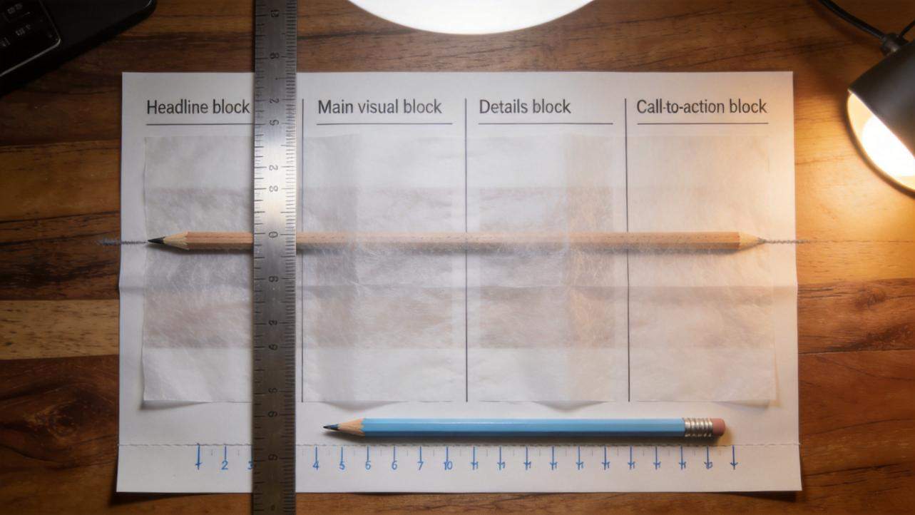 Flyer layout template divided into headline, main visual, details, and call-to-action blocks with pencils and a ruler