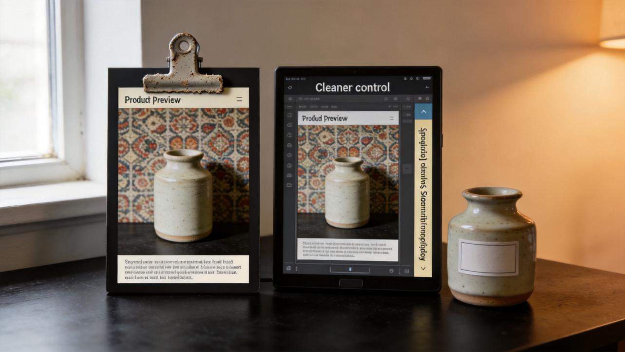 Two tablets display a ceramic vase product page beside a vase on a table