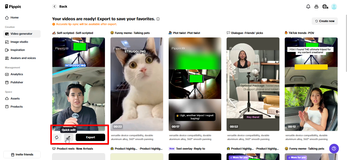 Exporting Pinterest video pin from Pippit