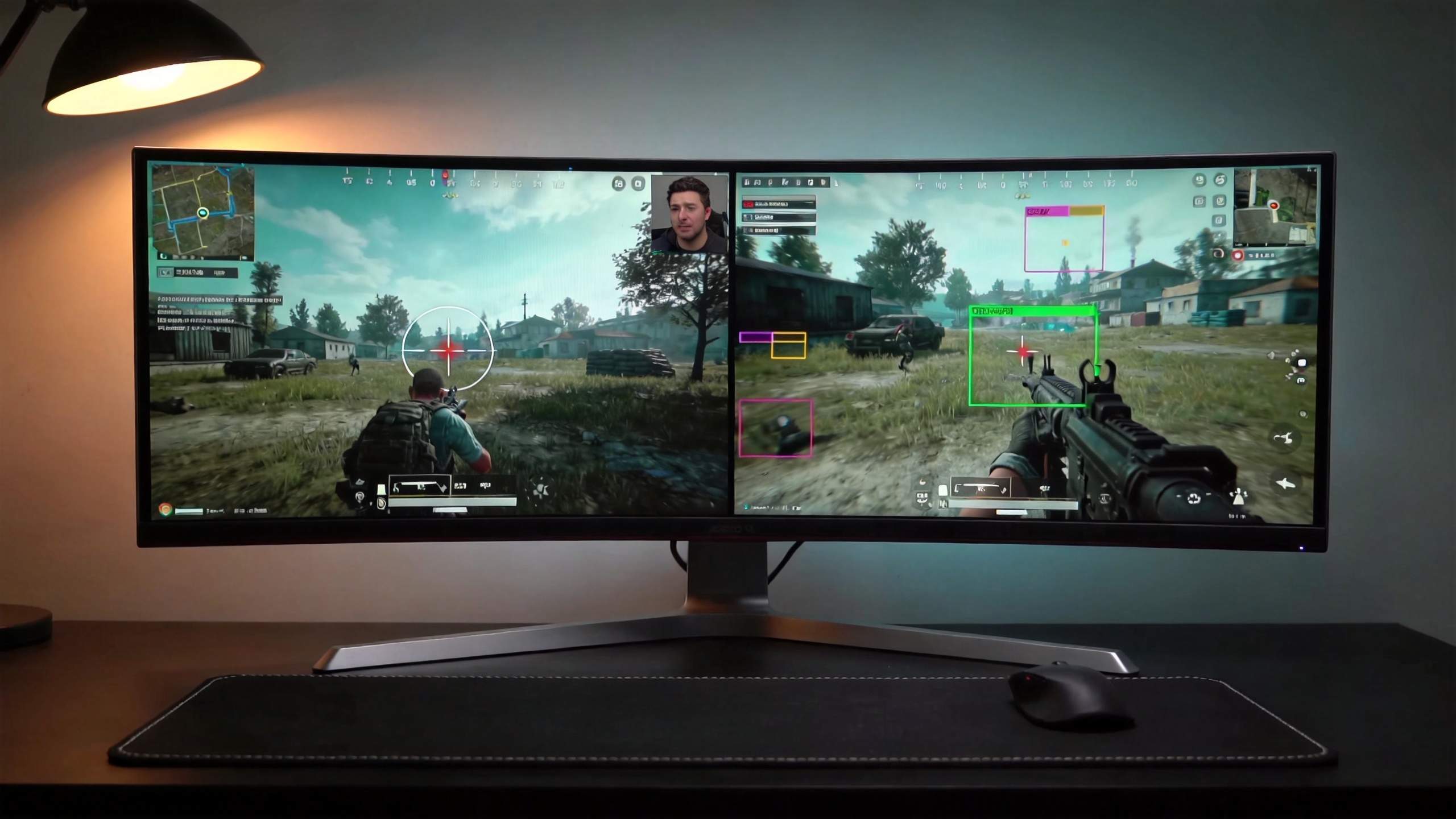 Curved monitor showing split-screen shooter gameplay with detection boxes and face cam