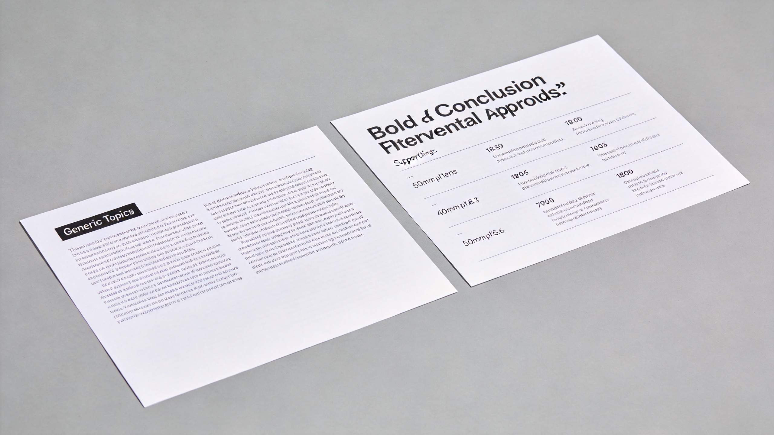 Two pitch deck slides on a gray surface, one titled Generic Topics and the other Bold & Conclusion