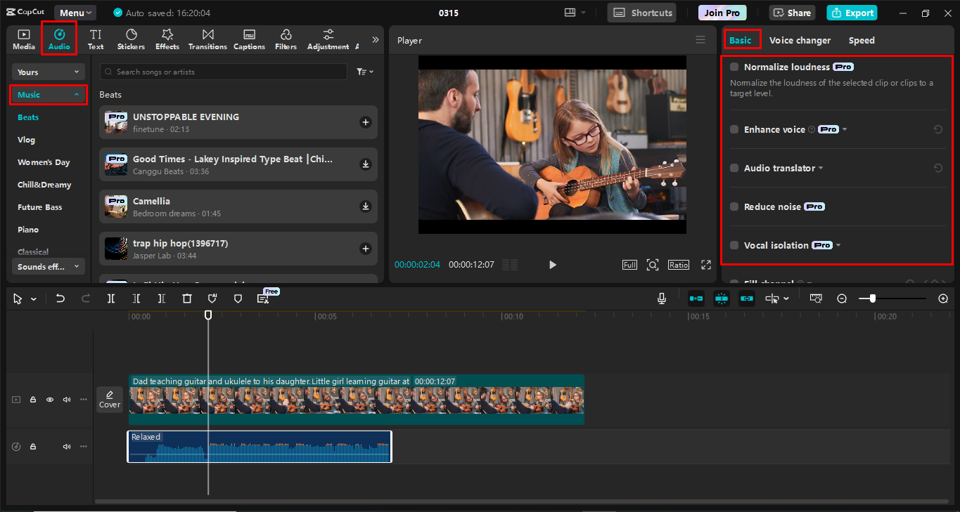 Adding and adjusting music to the video in the CapCut desktop video editor