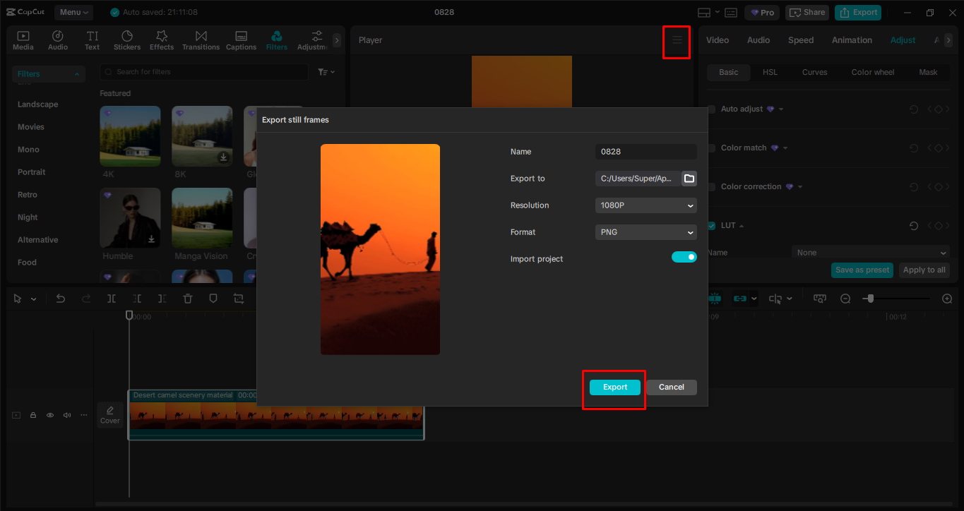 Exporting an Instagram post from the CapCut desktop video editor