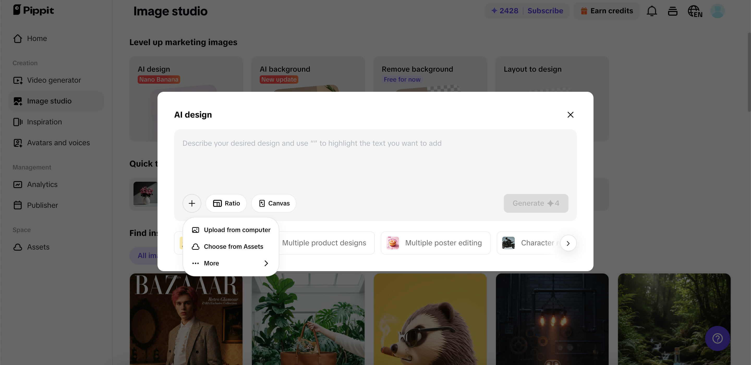 Ferramenta de design por IA no Pippit