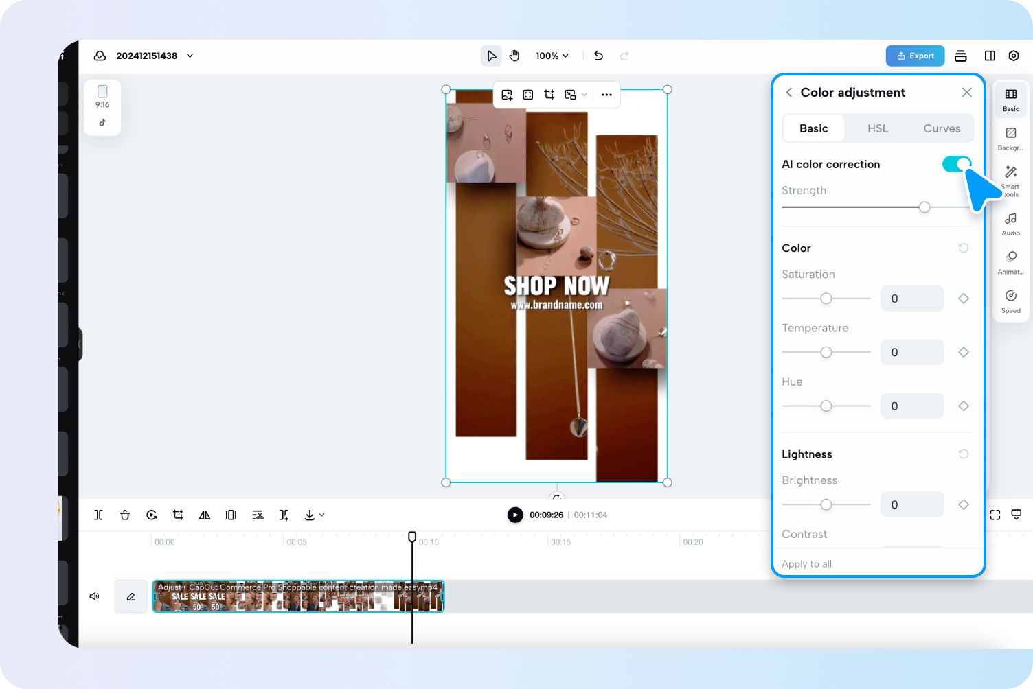 mô tả=Giao diện trình chỉnh sửa video của Pippit với menu bên phải được mở. Các công tắc 'Ổn định', 'Giảm nhiễu Hình ảnh' và 'Hiệu chỉnh Màu AI' được làm nổi bật.