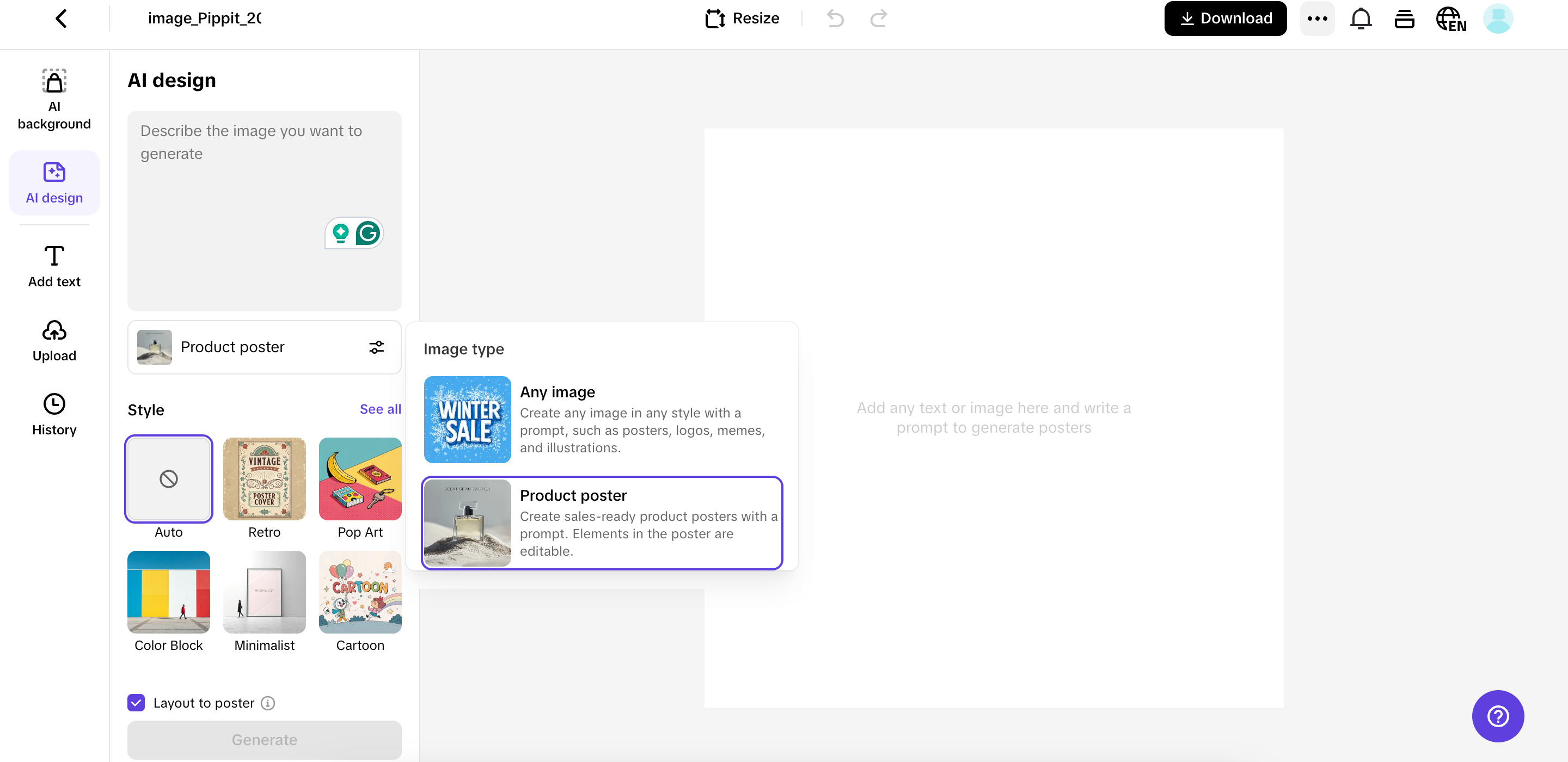 Escolha o tipo e o estilo da imagem