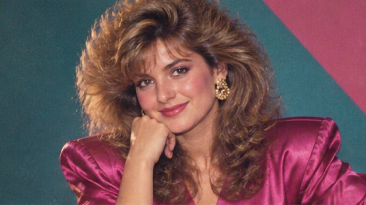 1980s studio portrait with feathered hair, geometric backdrop, and analog film texture
