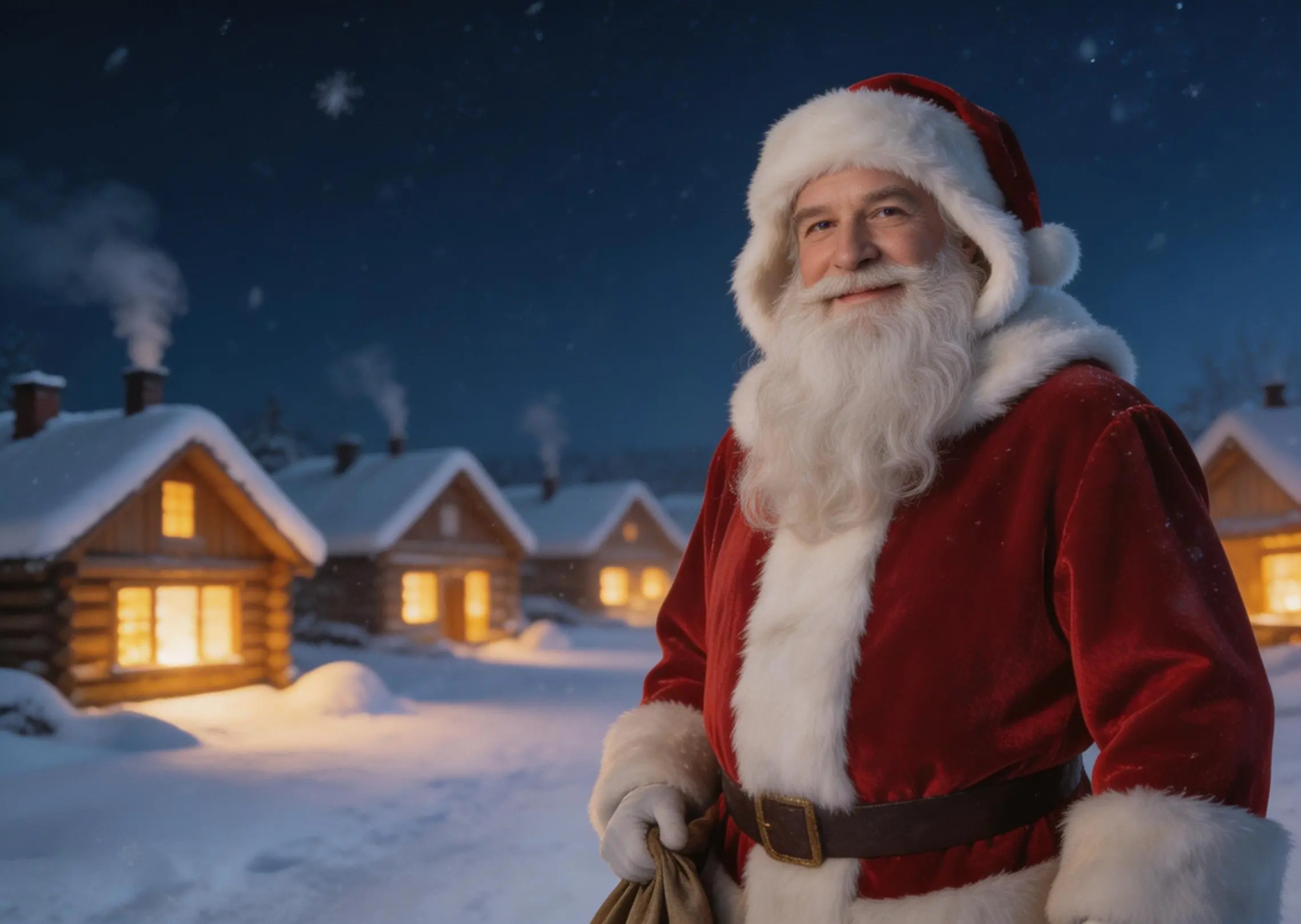 Santa Claus walks slowly through a snowy village