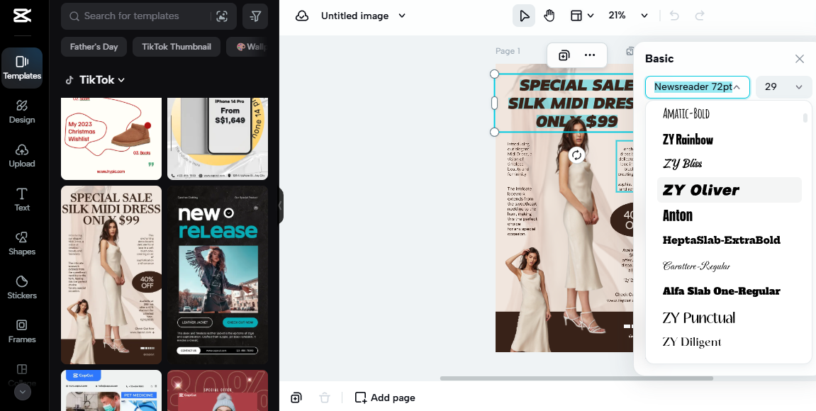 Editor CapCut che mostra un modello TikTok per la creazione di negozi online con una vendita di abiti midi in seta e opzioni di modifica del testo.