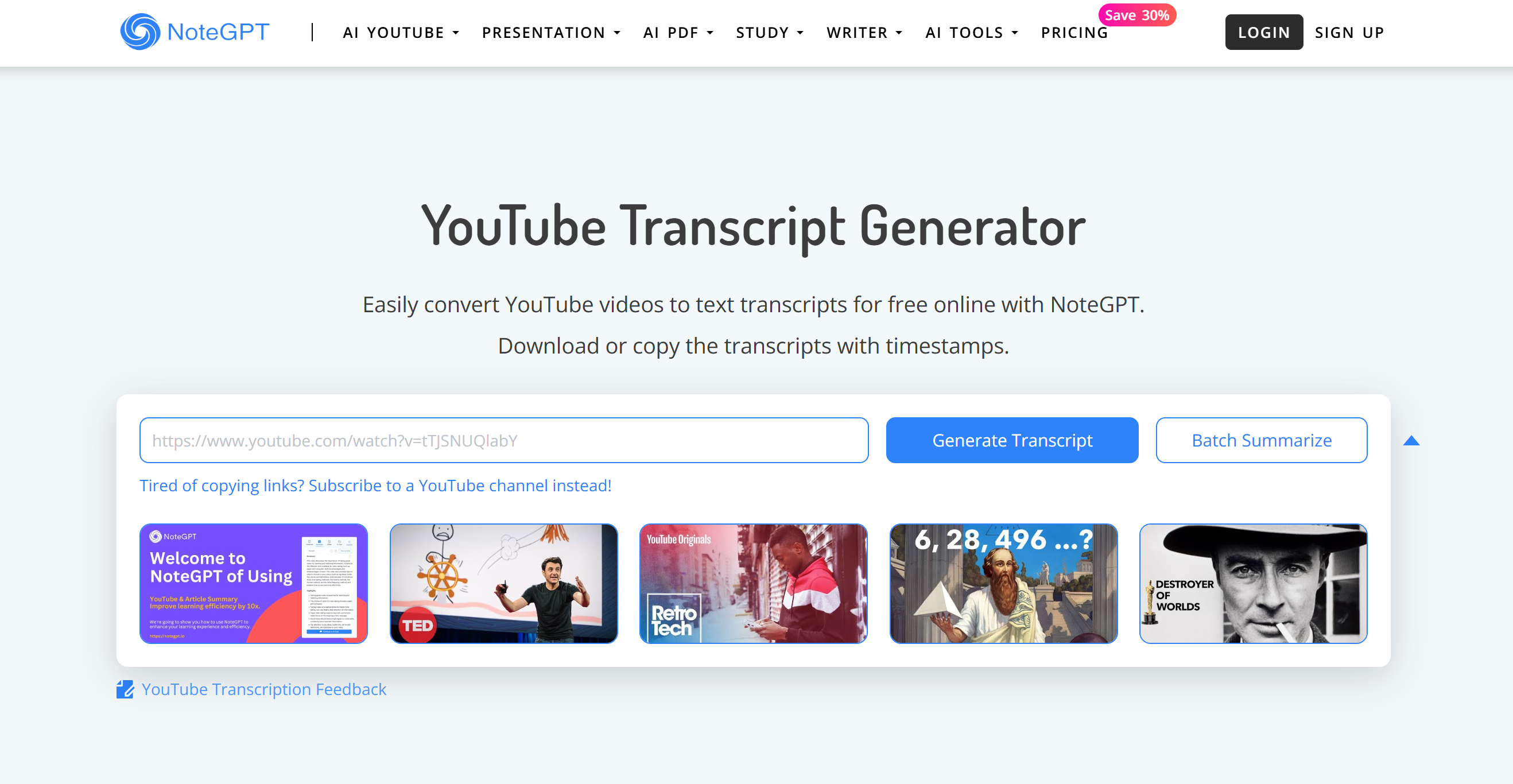 Interface of NoteGPT - the perfect tool to transcribe a YouTube video