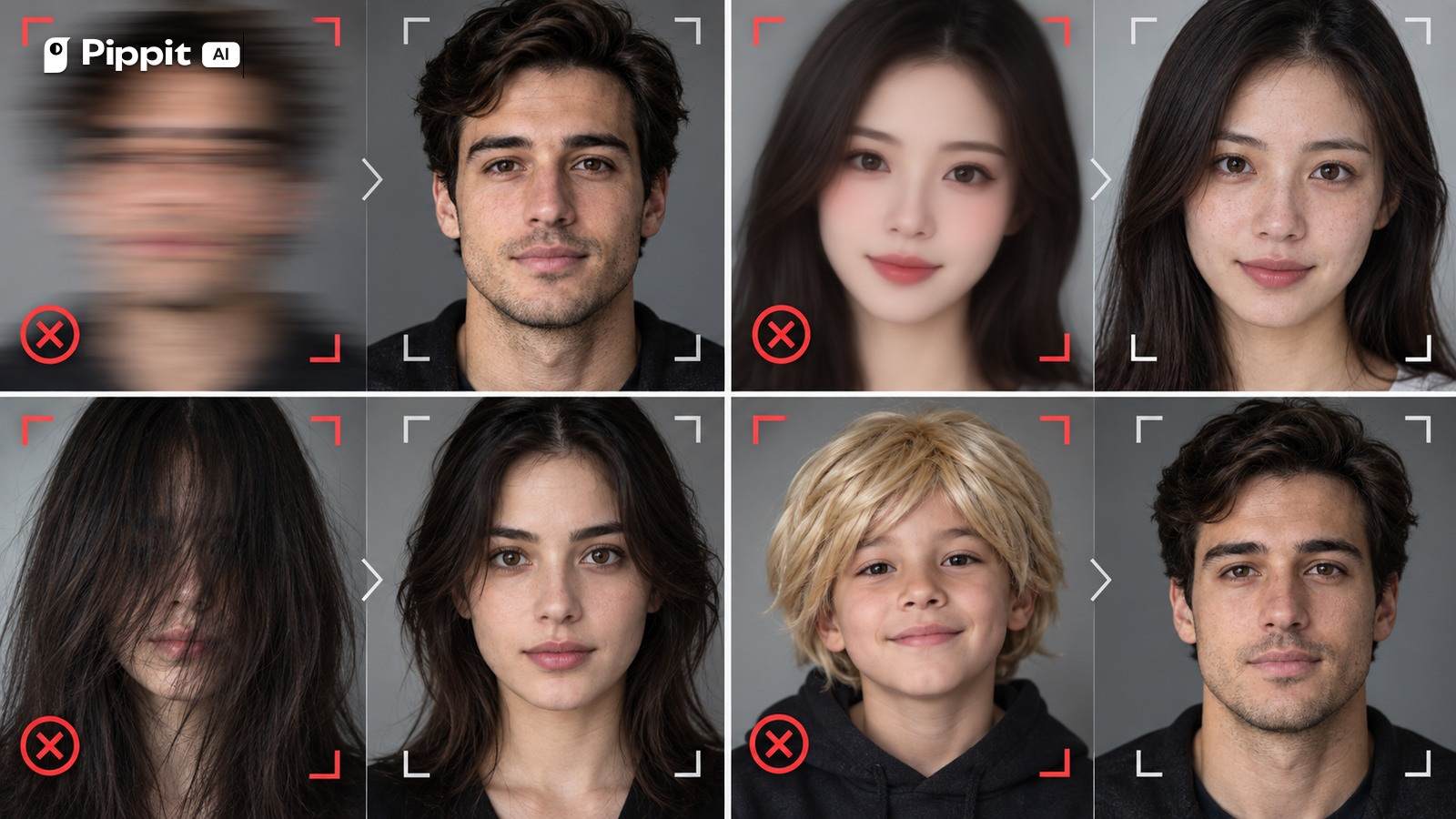 A diagnostic collage showing four reasons to reject character reference images.