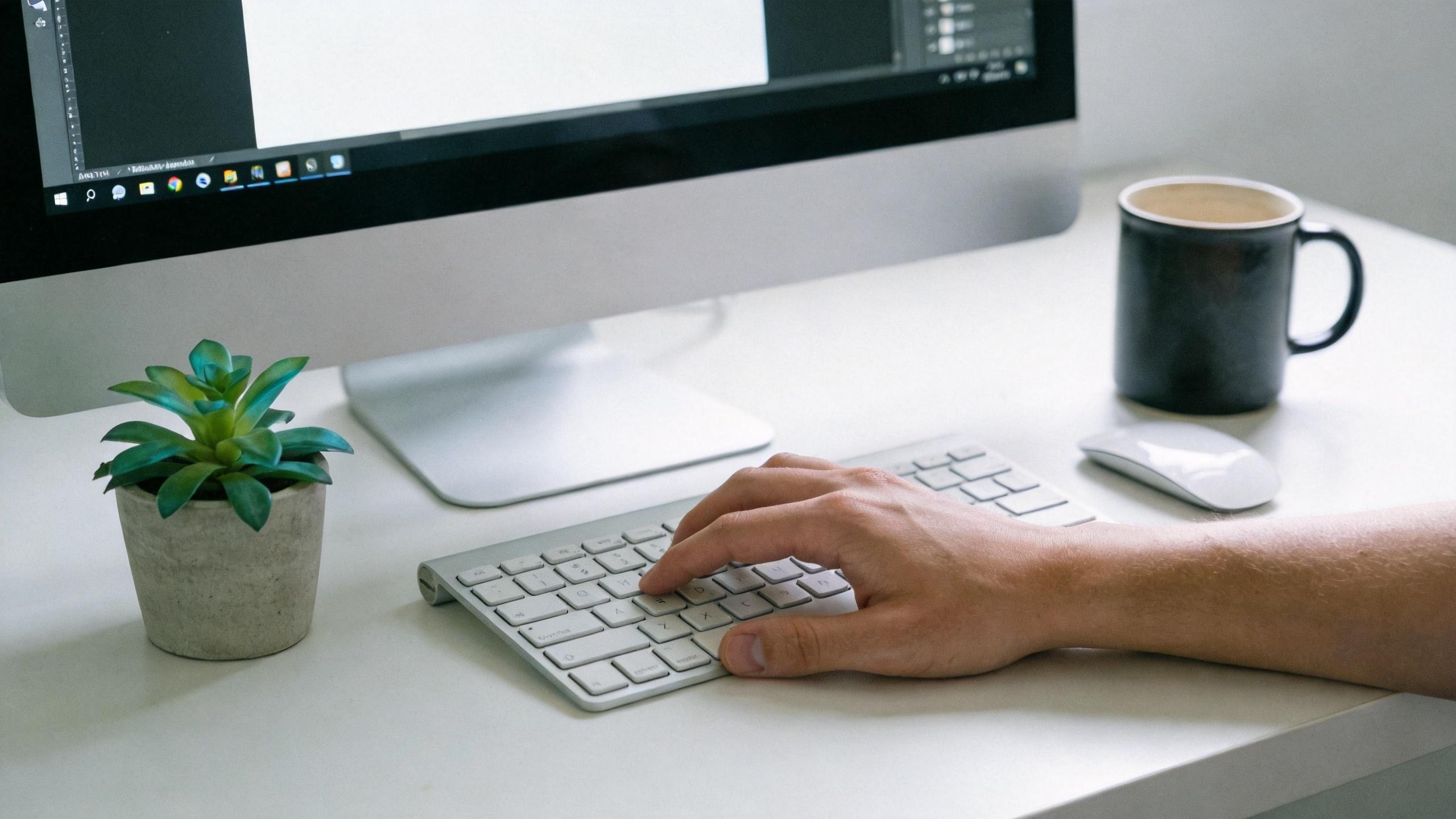 Hand typing on a white keyboard beside a monitor, mug, mouse, and small plant