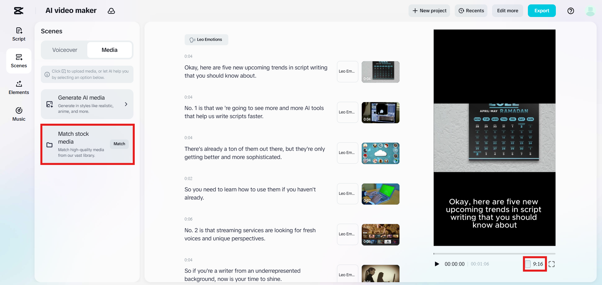 CapCut Web's match stock media