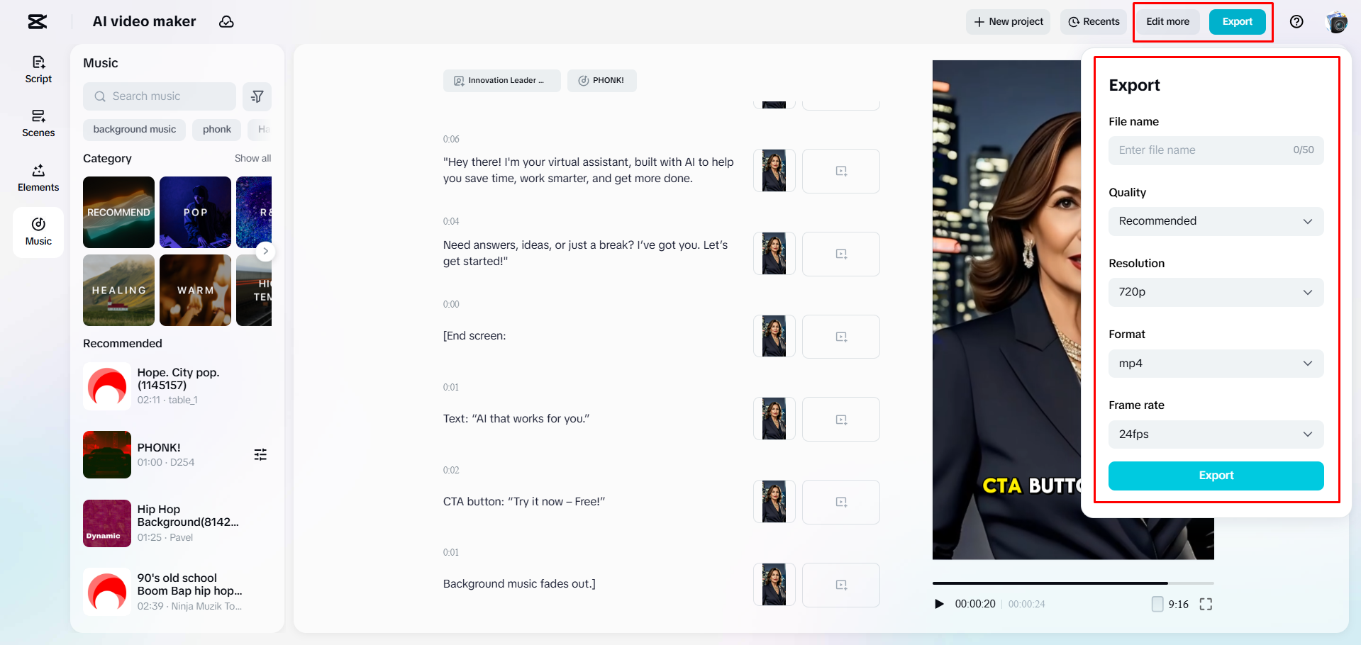 Exporting a video from CapCut Web