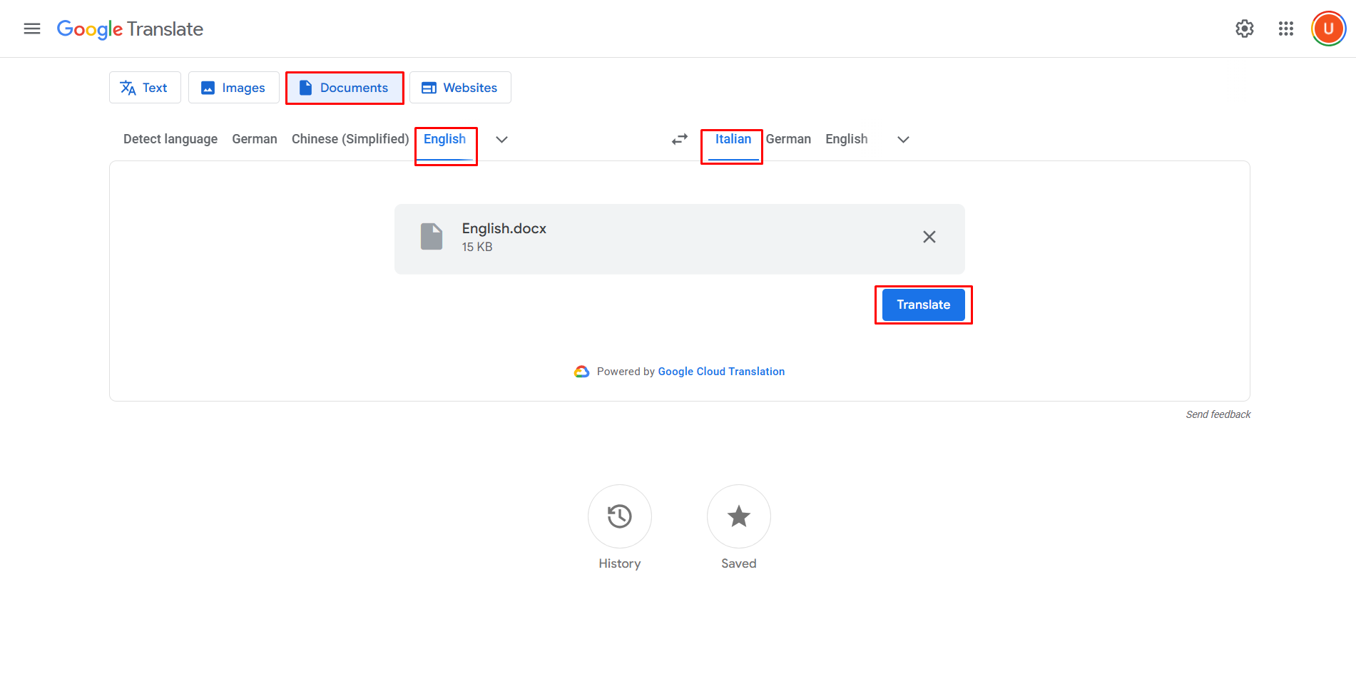 Showing how to translate English document to Italian with Google Translate