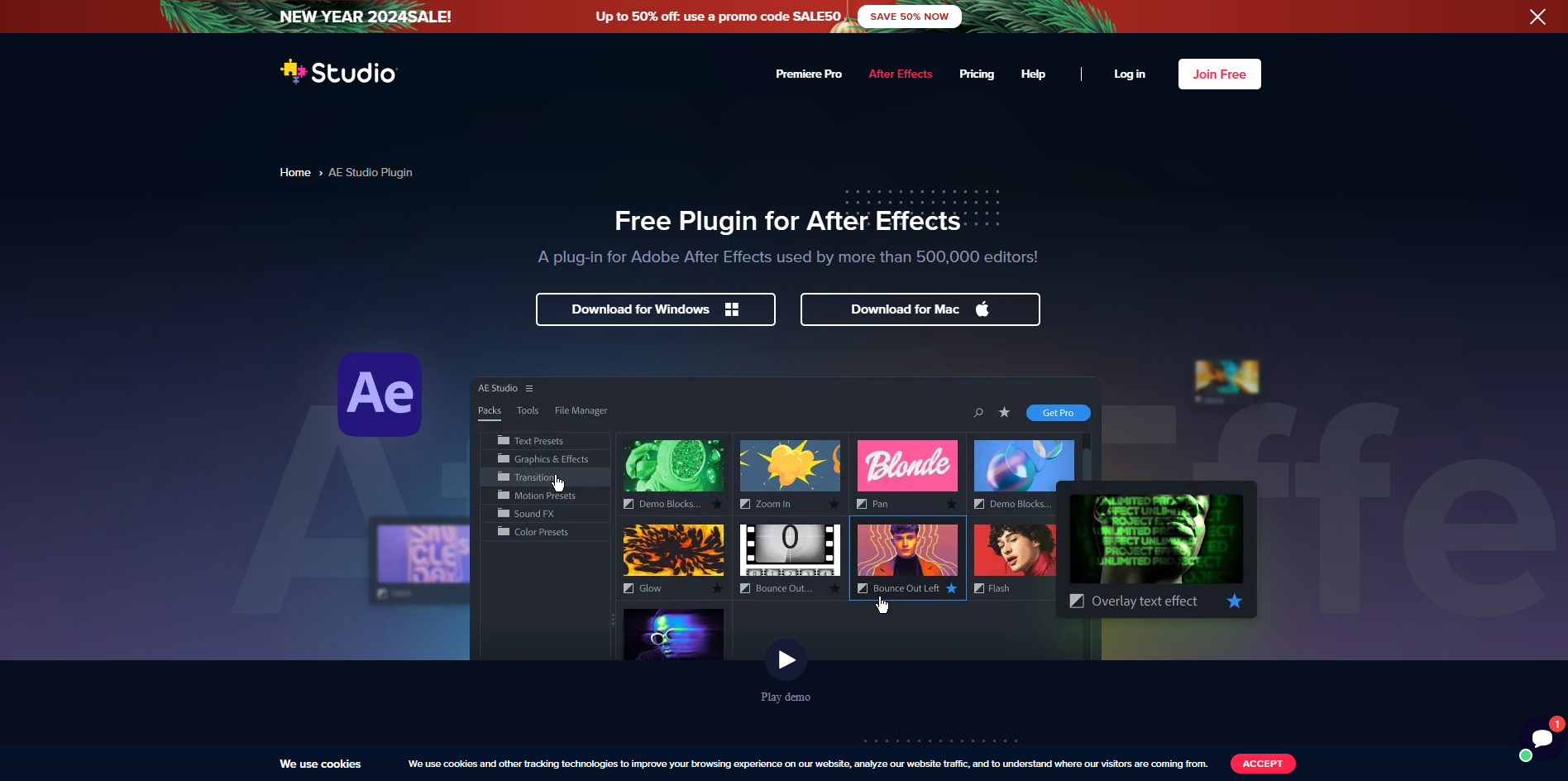 Interface of Studio Plugins - the most liked site to download free After Effects plugins