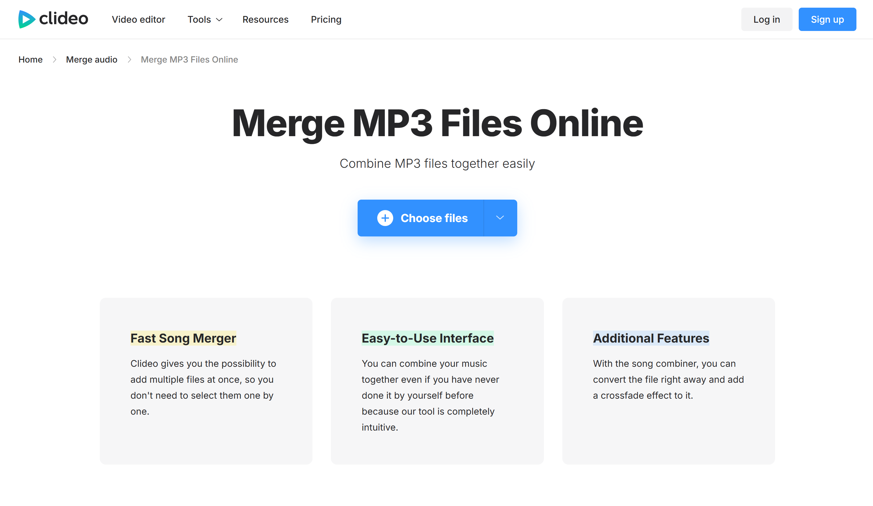 Interfaccia di Clideo - un perfetto strumento online per unire MP3