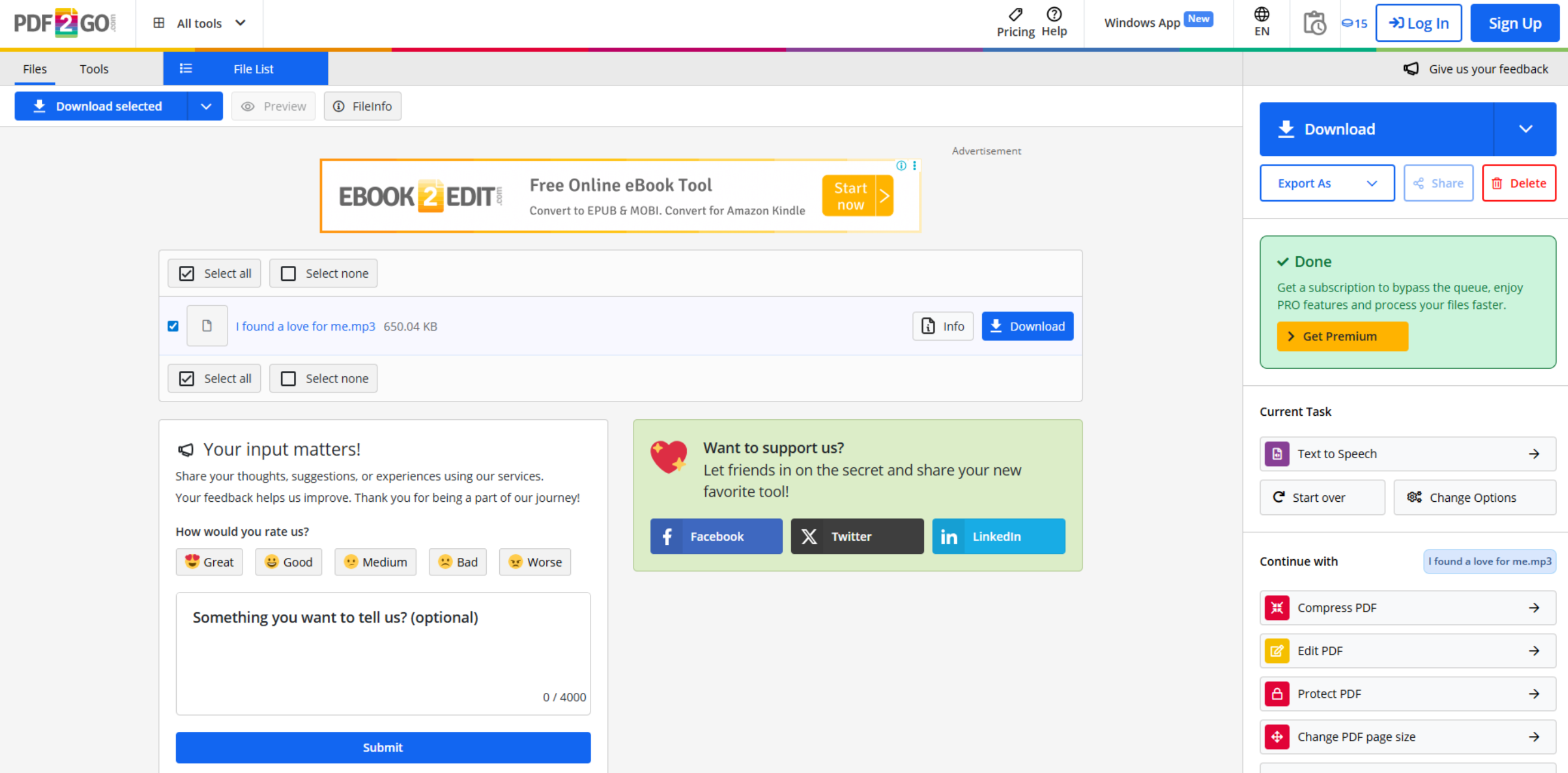 Interface of PDF2GO - the best PDF text to speech reader