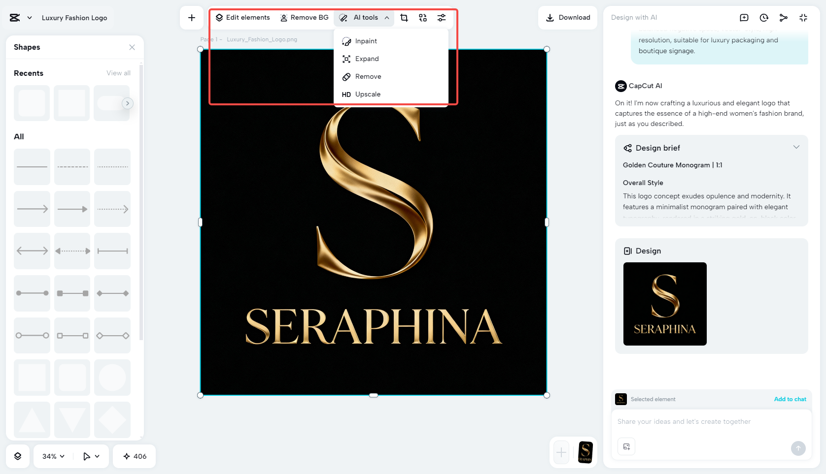 Enhancing the AI-generated logo with AI tools
