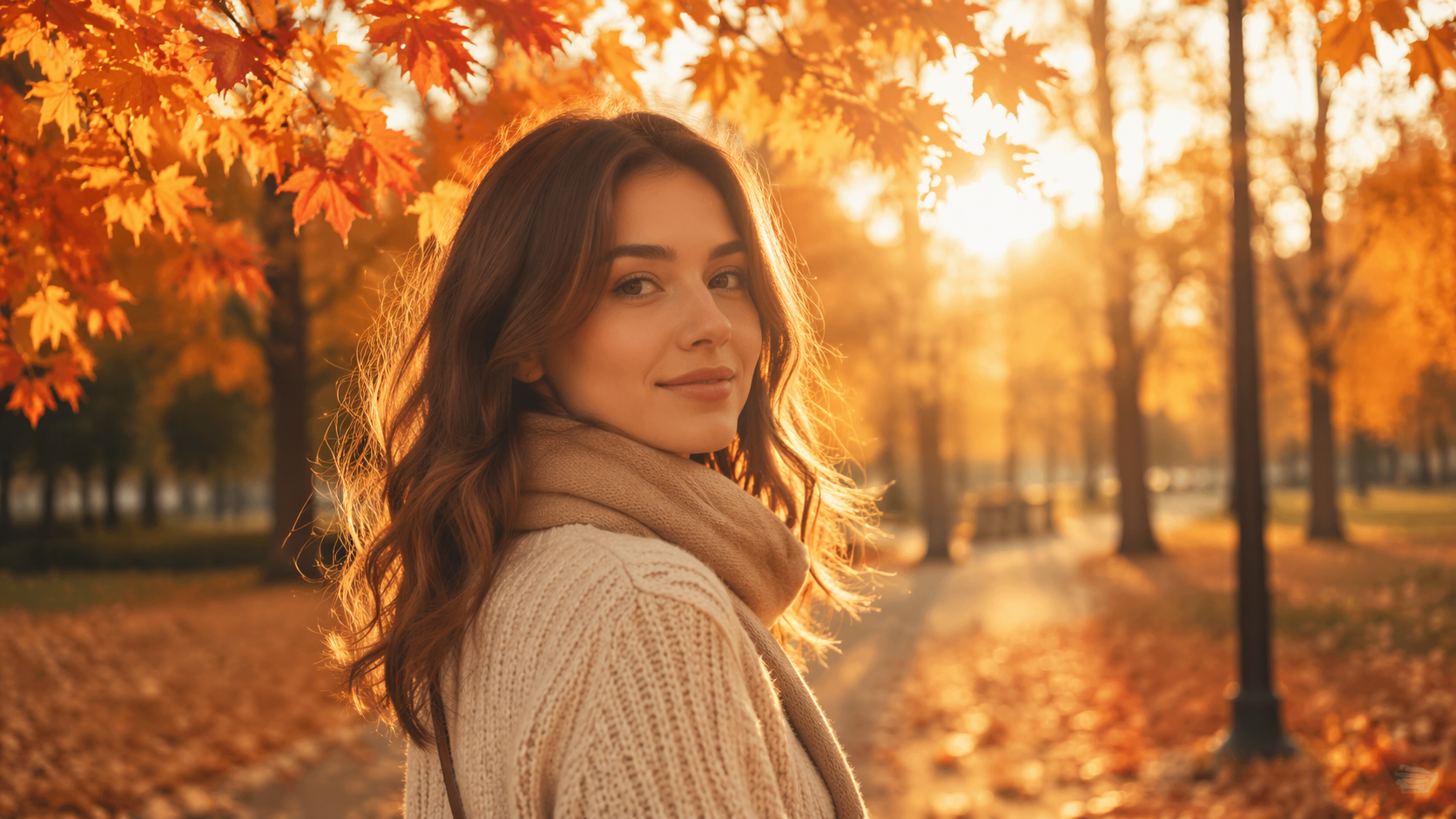 Dreamina autumn photo filter prompt example 1: Golden Leaves Portrait