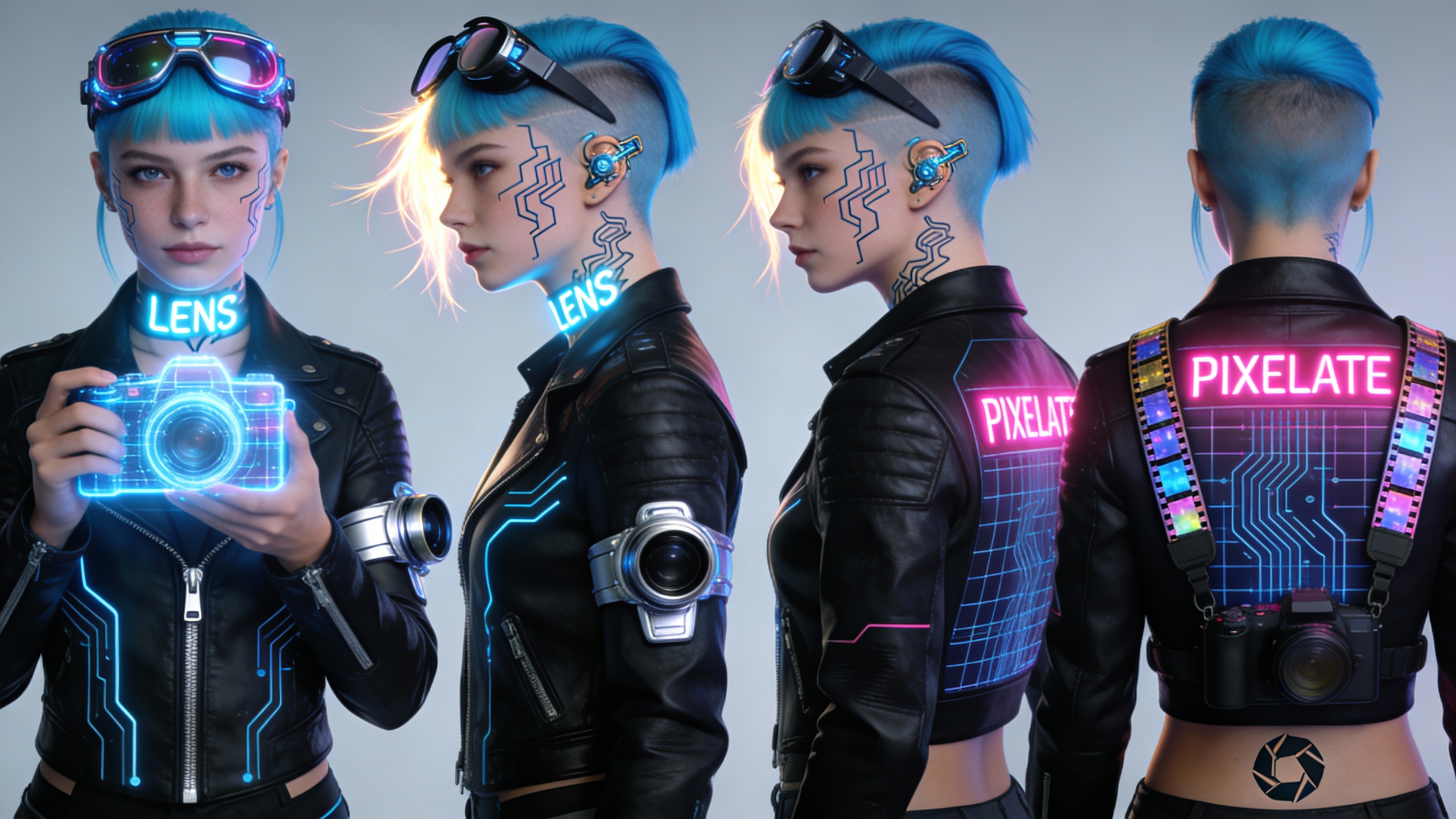 A consistent set of portraits showing the same cyberpunk female character in multiple angles with identical facial features, hairstyle, and costume details.