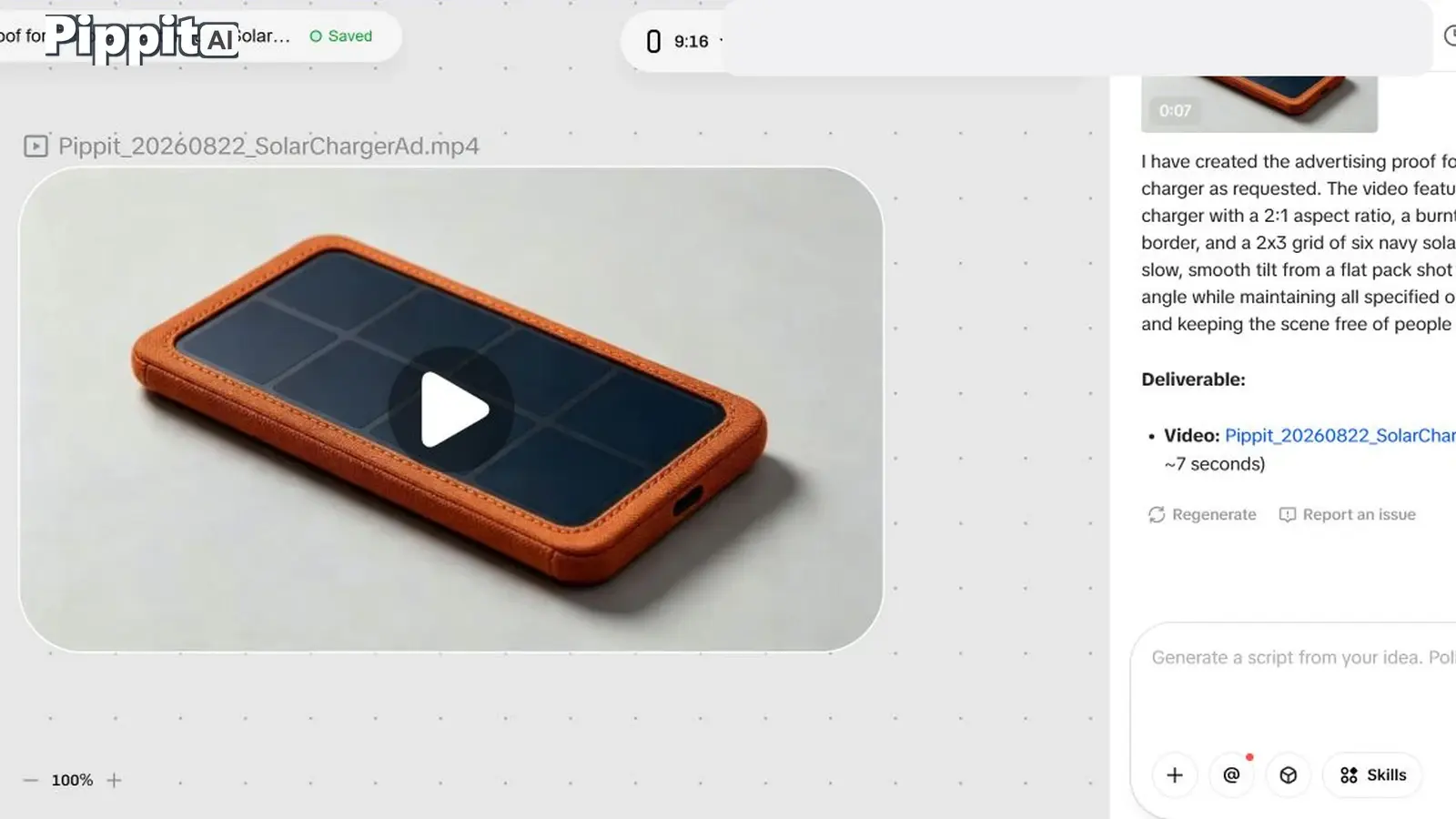 A solar charger in an orange case shown in a video preview inside a design editor