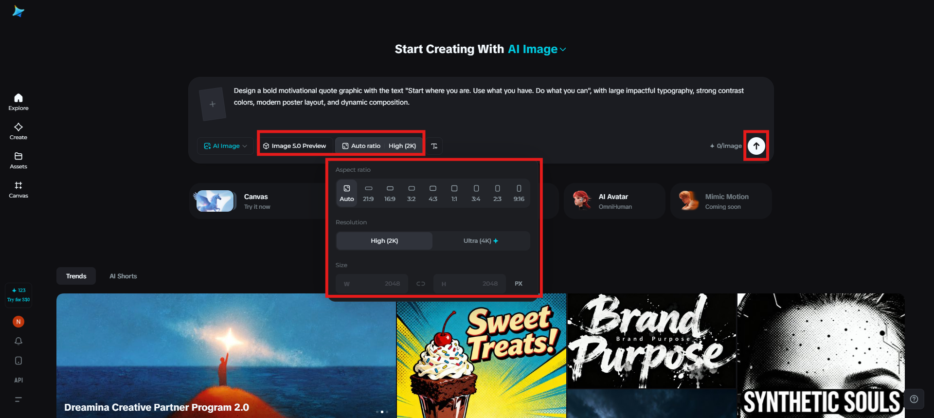 Select the image model, adjust settings, and generate