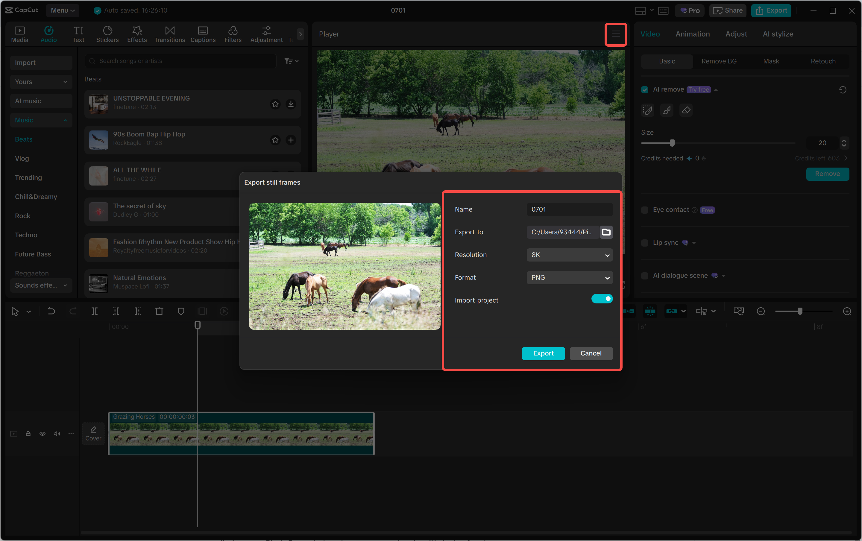 Exportieren des Bildes aus dem CapCut-Desktop-Videobearbeitungsprogramm