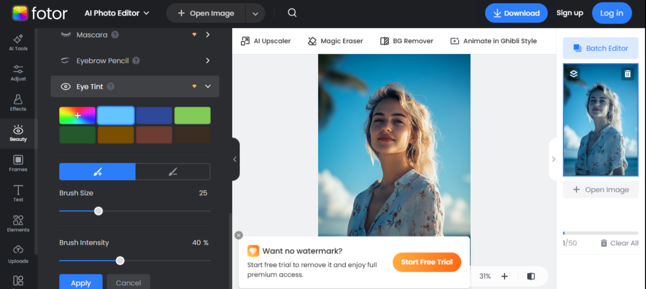 The interface of Fotor -  the best eye color changer editor