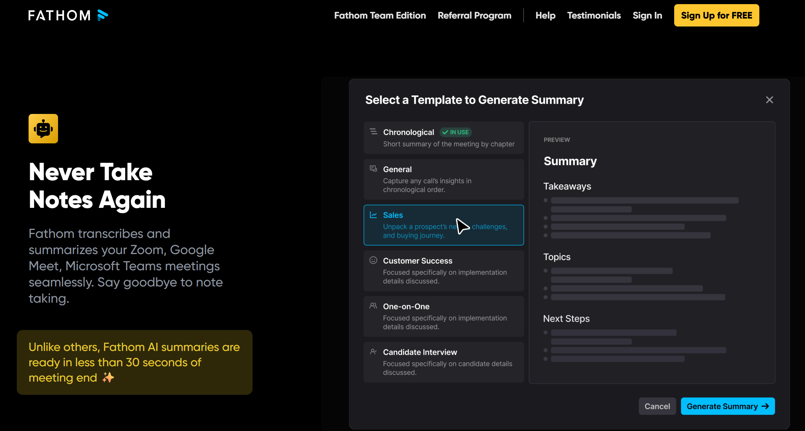 Interface of Fathom - an easy to use AI video note taker