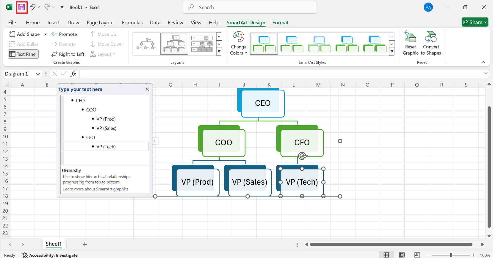 cara membuat carta org pada excel