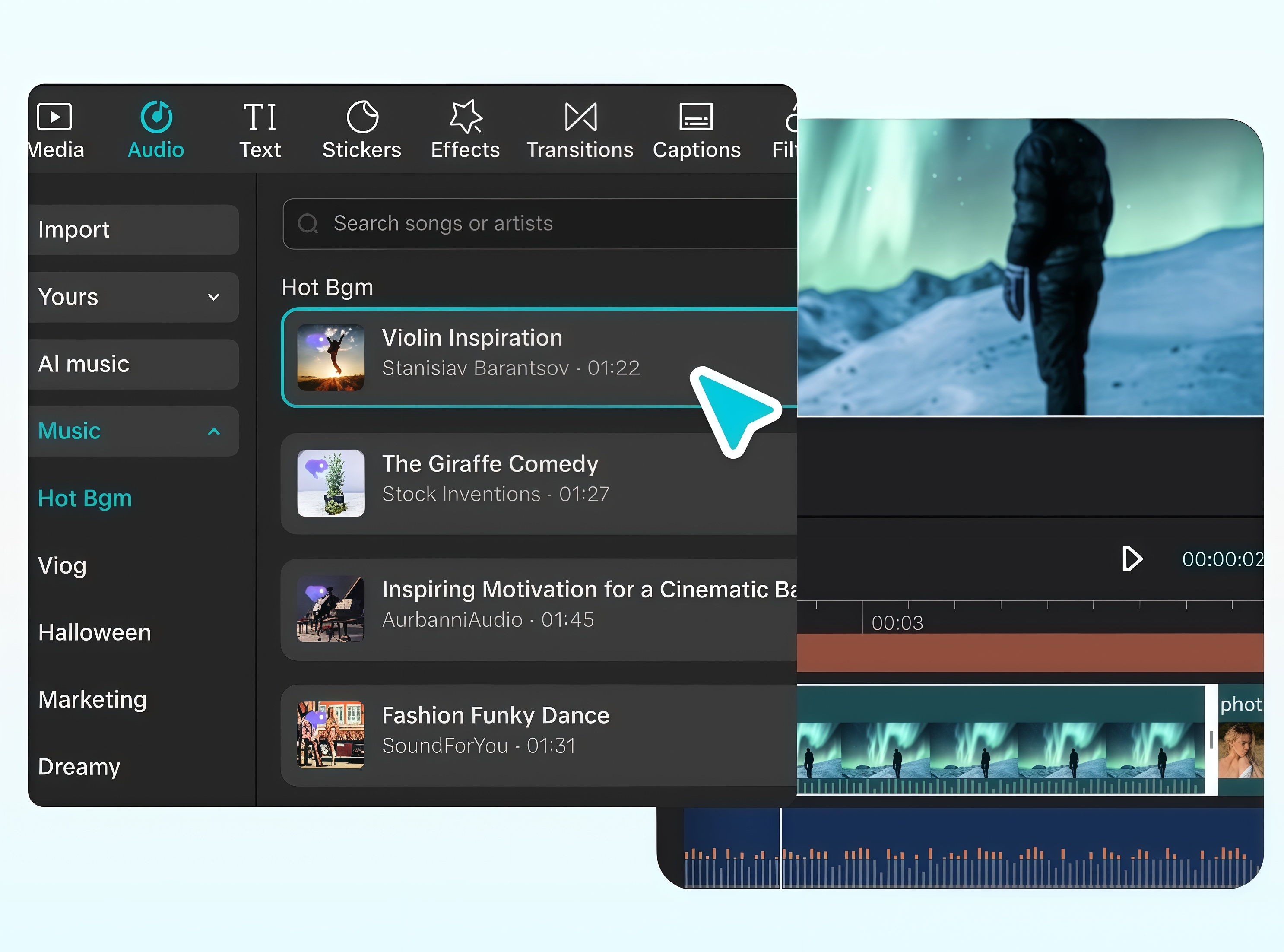 CapCut tanıtım video düzenleyicide grafik ve müzik seçin