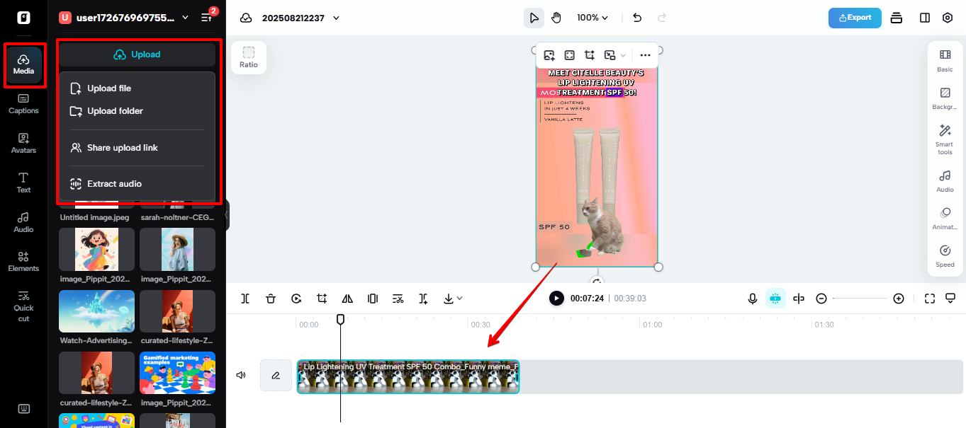 Carregando vídeo no editor não linear do Pippit