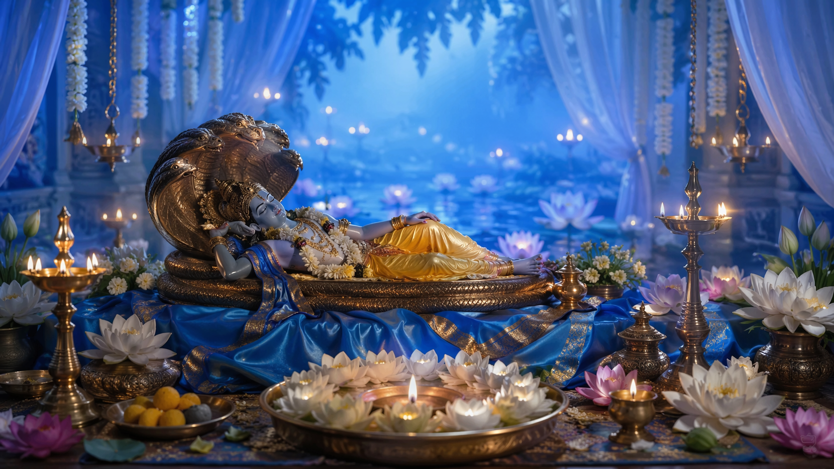 Dreamina Devshayani Ekadashi AI Prompts prompt example 4: Celestial Evening Scene