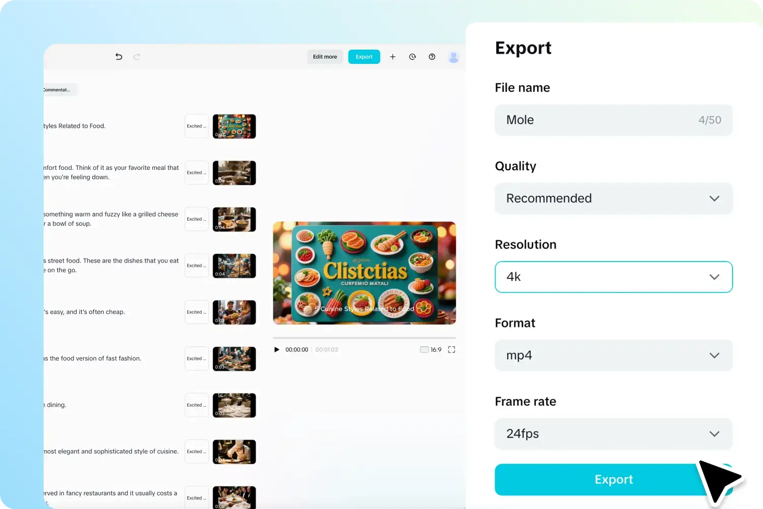 CapCut Web export panel for a completed AI-assisted video